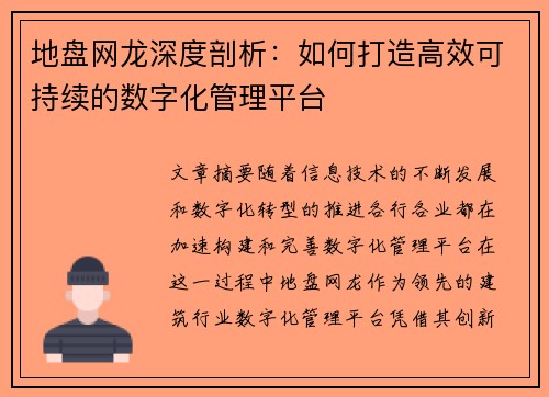 地盘网龙深度剖析：如何打造高效可持续的数字化管理平台